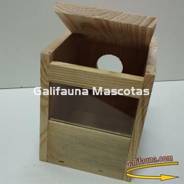 Casita NIDO de madera modelo Cristal. Para periquitos y similares. Con Cristal y tapa abatible. - Imagen 2