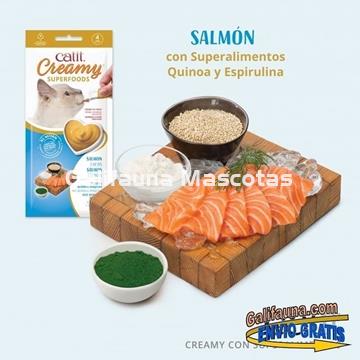 Pack de 48 Snacks CATIT CREAMY con SUPEALIMENTOS.  SNACK CREMOSO de Salmón con Quinoa y Espirulina. - Imagen 1